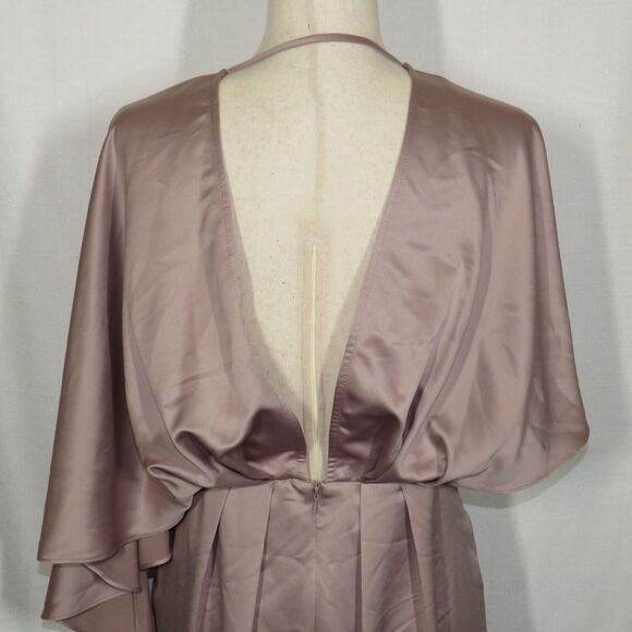 ASOS Dusty Rose Satin Asymmetric Draped Faux Wrap Front Split Midi Dress Size 12 - Picture 5 of 9